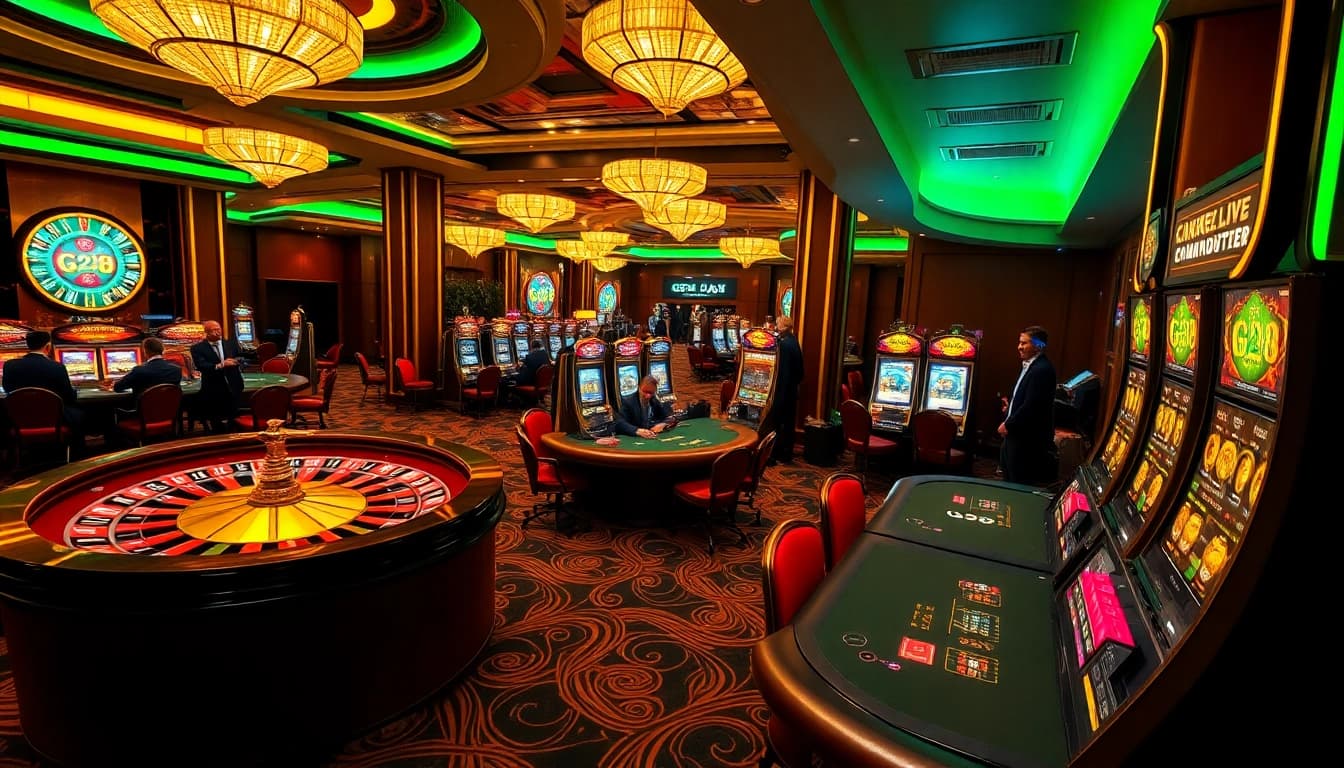 Experience the excitement of G28 at a luxurious casino featuring vibrant tables and thrilling slot machines.