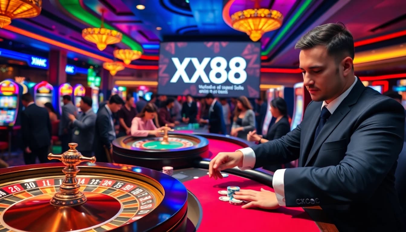 Experience the thrill of gambling at XX88 with vibrant casino games and excited players.