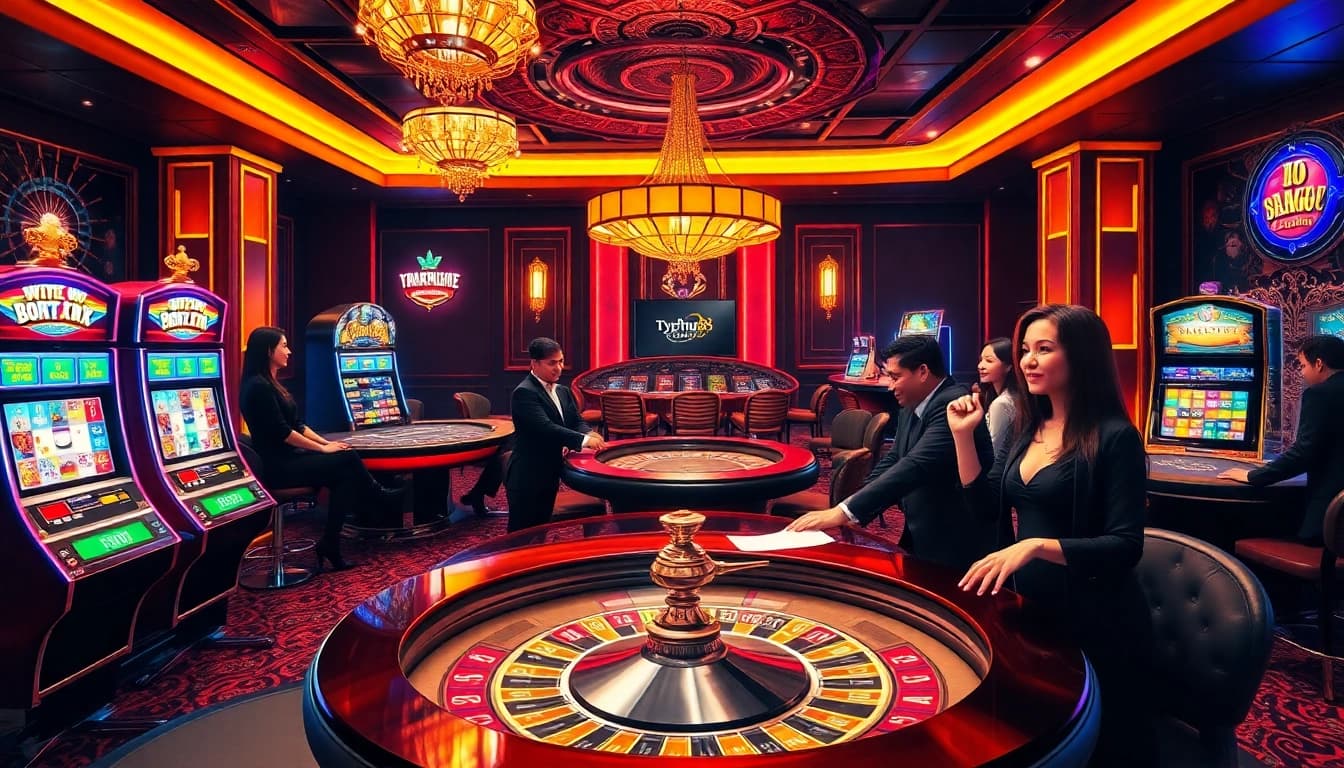 Experience the thrill of Typhu88 in a luxurious casino environment with excited players and lavish decor.