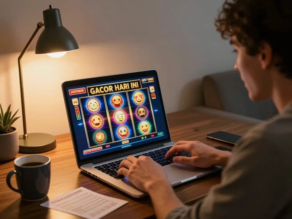 Player enjoying slot gacor hari ini on laptop, surrounded by notes and coffee in cozy setting.