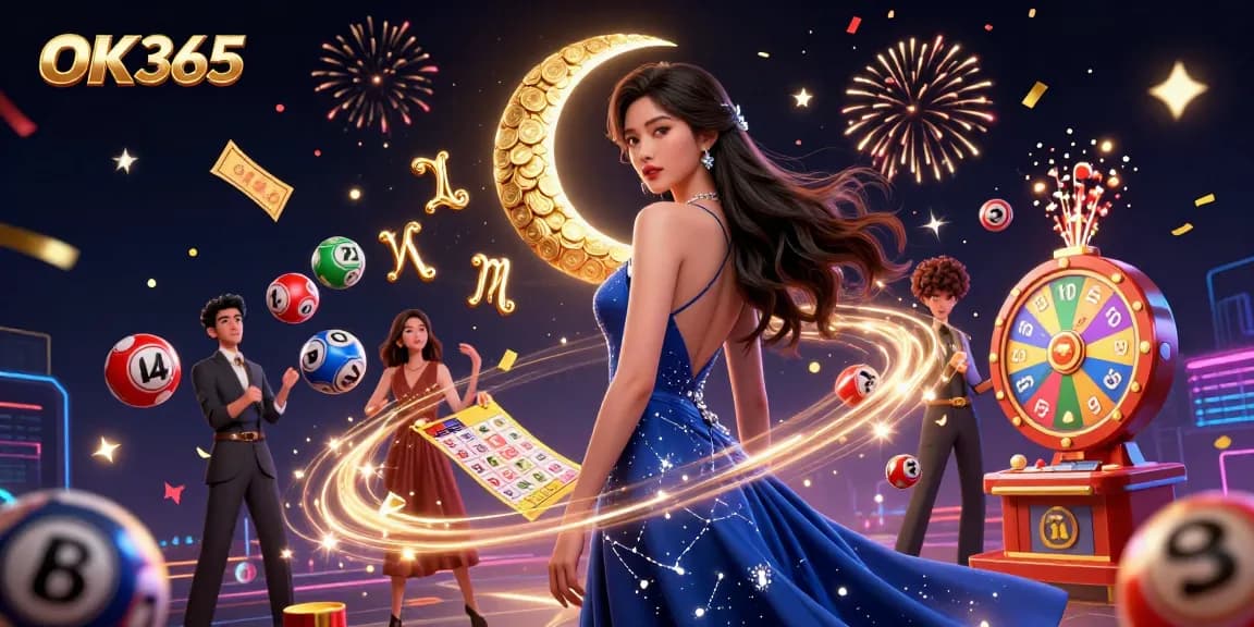 Experience thrilling fun at OK365 with colorful lottery elements and vibrant celebration effects.