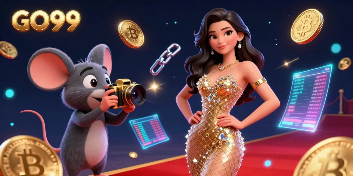 Experience excitement at GO99 with a vibrant gaming scene featuring a glamorous character and cryptocurrency elements.