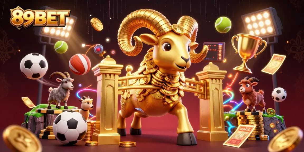 Experience the excitement of 89BET with golden ram and dynamic sports betting elements in a vibrant casino atmosphere.