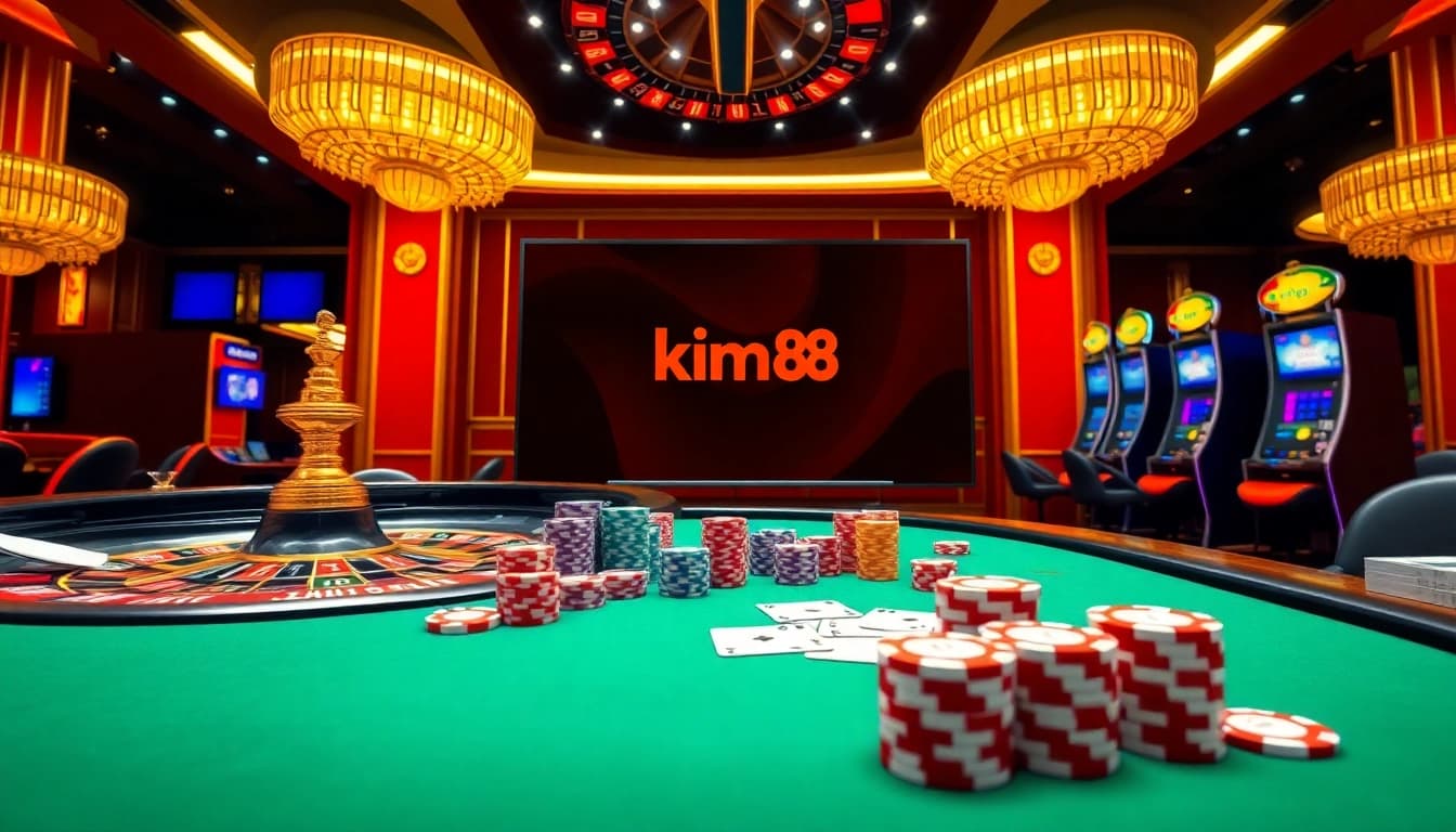 A dynamic casino scene showcasing kim88 with roulette, poker chips, and vibrant online gaming.