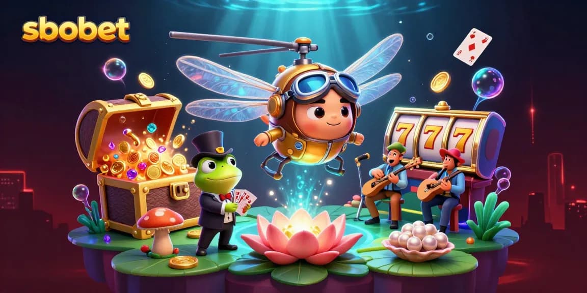 SBOBET offers vibrant casino action with animated dragonfly pilot and lively frog croupier.