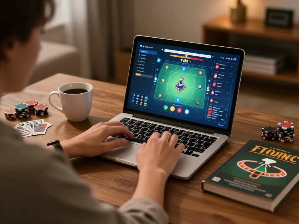 Engaged in online poker gameplay on au88 com, cozy home atmosphere with coffee and strategy notes.