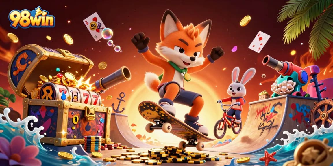Experience exciting gaming adventures at 98win with vibrant characters amidst dynamic slot scenes.