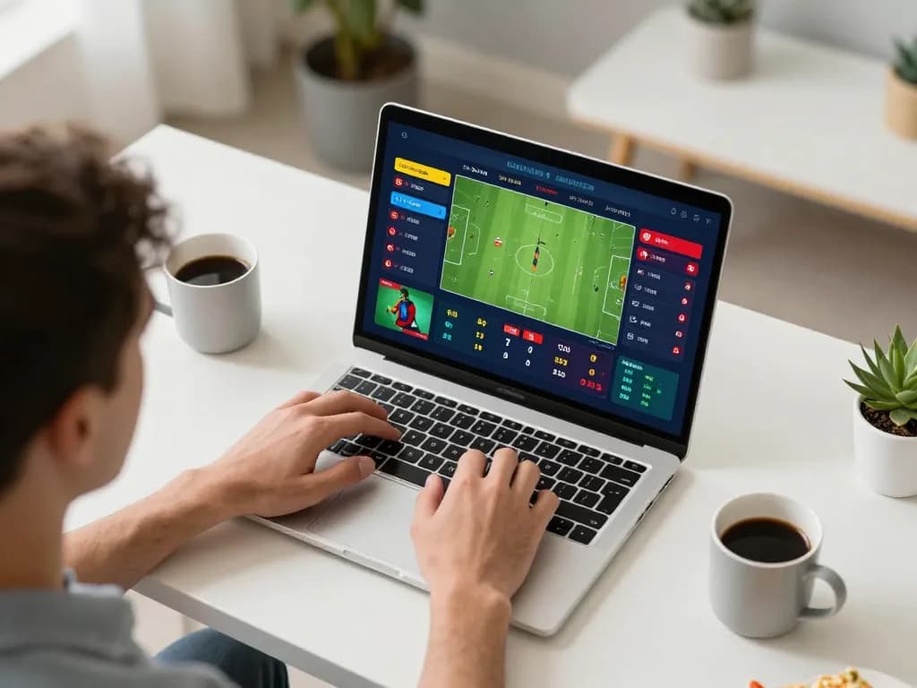 Player engaging in live sports betting at home on laptop, showcasing thabet interface.
