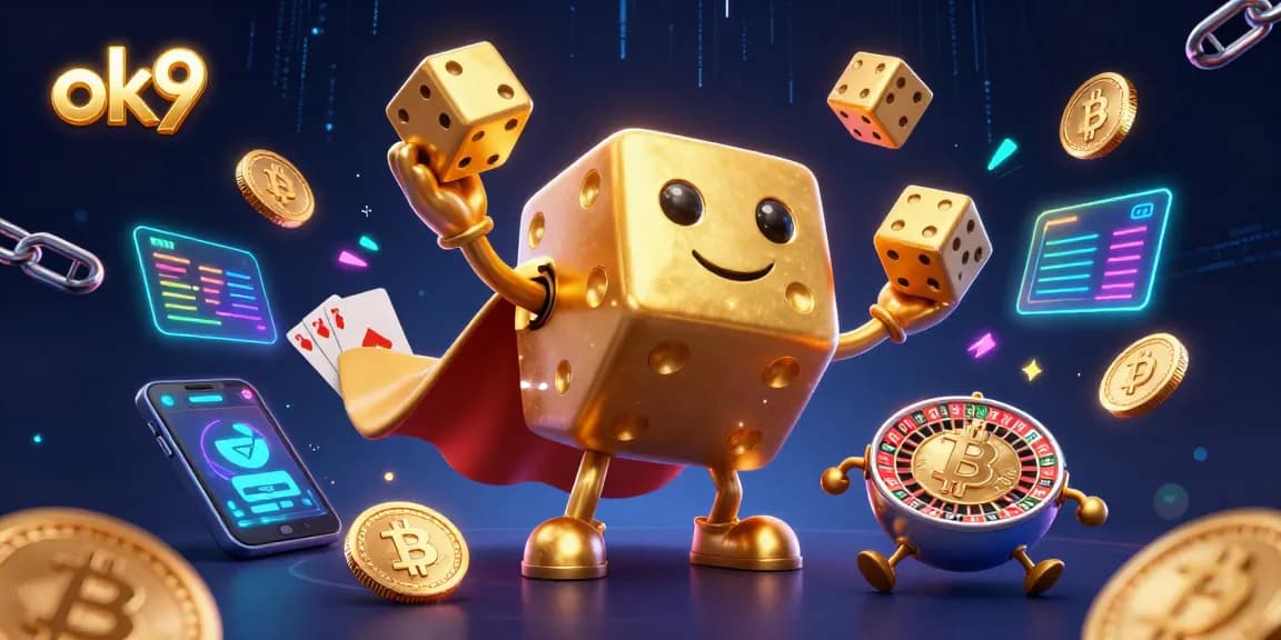 ok9 players enjoy casino thrills with dynamic golden dice and crypto elements in this vibrant illustration.