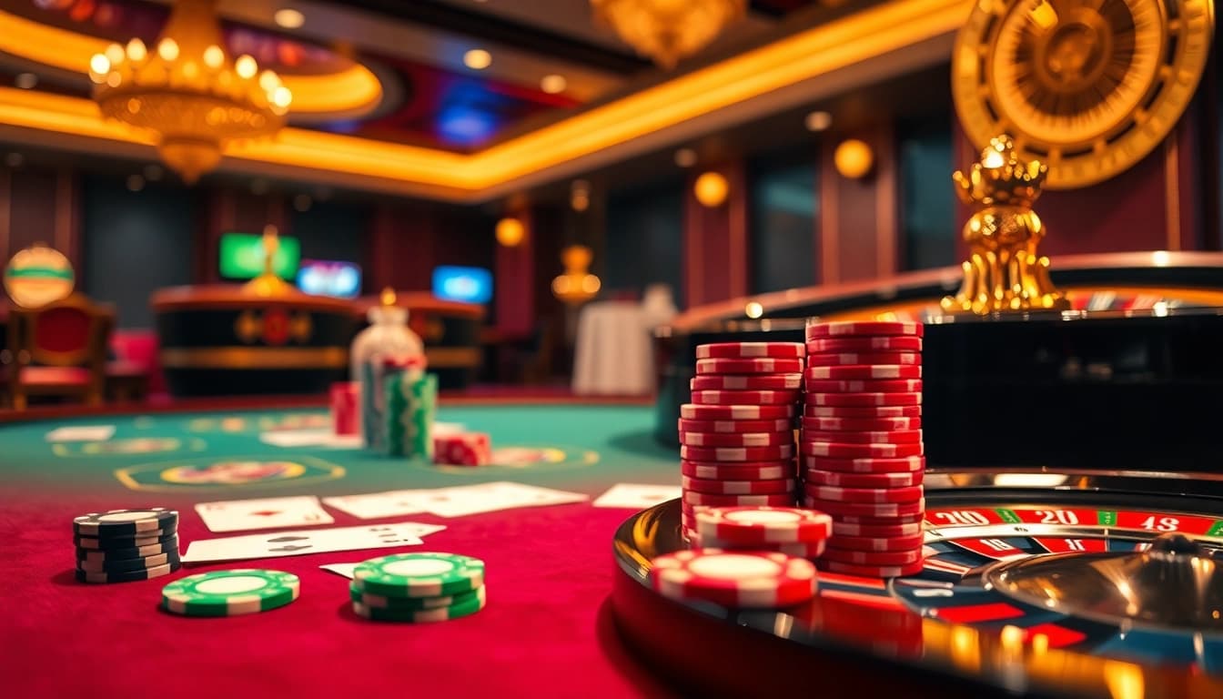 Experience excitement at the LC88 Game casino table with vibrant poker chips and cards.