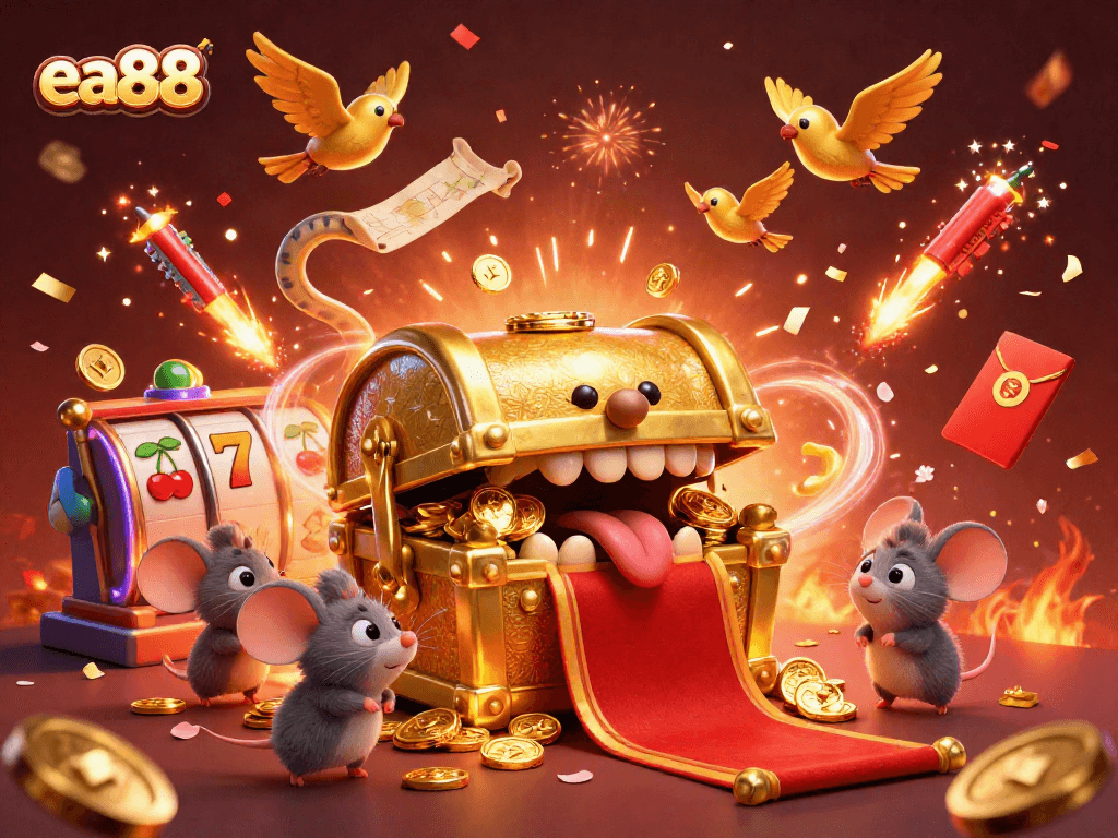Experience the thrill of ea88 as adventurer mice are drawn to a golden treasure chest in a sparkling casino scene.