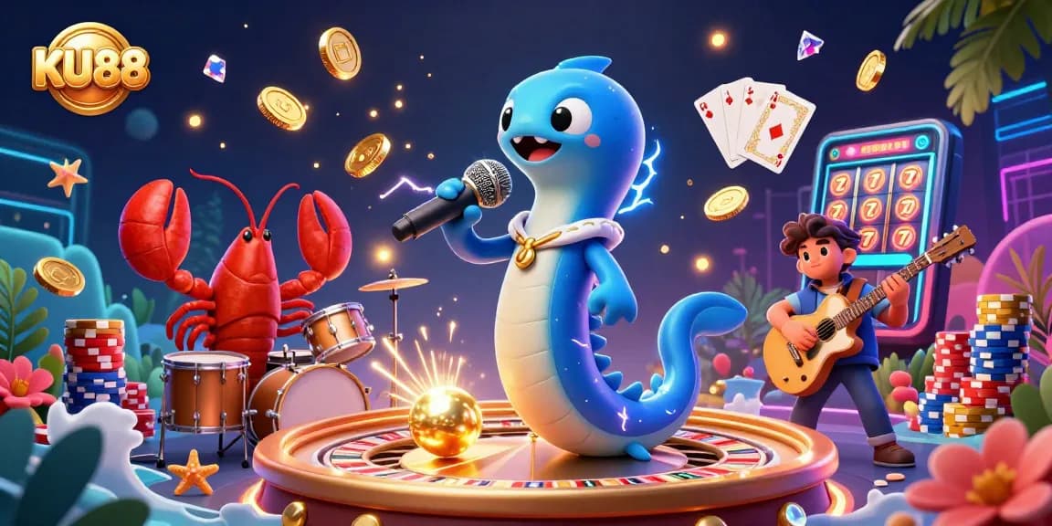 Experience thrilling wins at KU88 with lively casino fun, electric eel DJ, and vibrant game visuals.