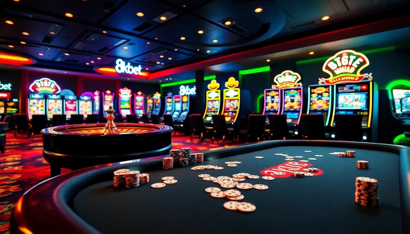 Engaging players enjoying 8kbet casino games with vibrant tables and exciting slots.