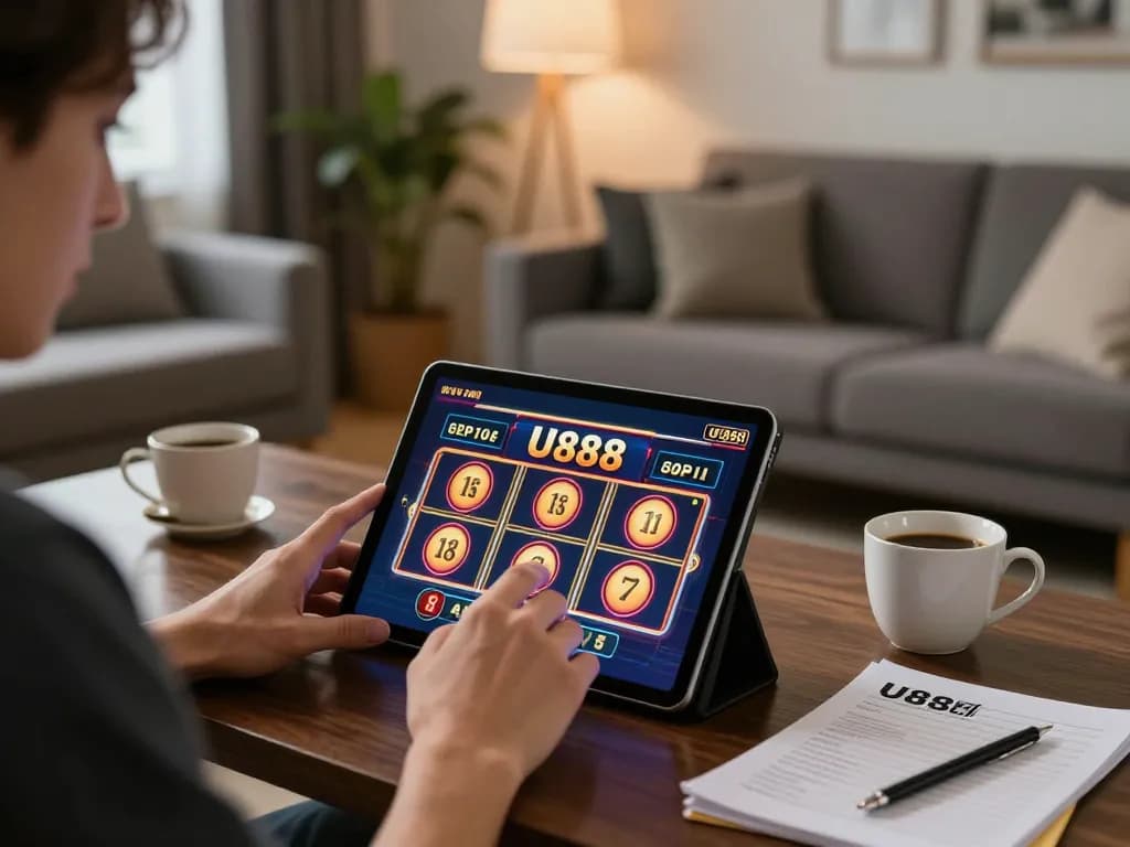 Player enjoying U888 slot games on tablet in a cozy home setting with coffee nearby