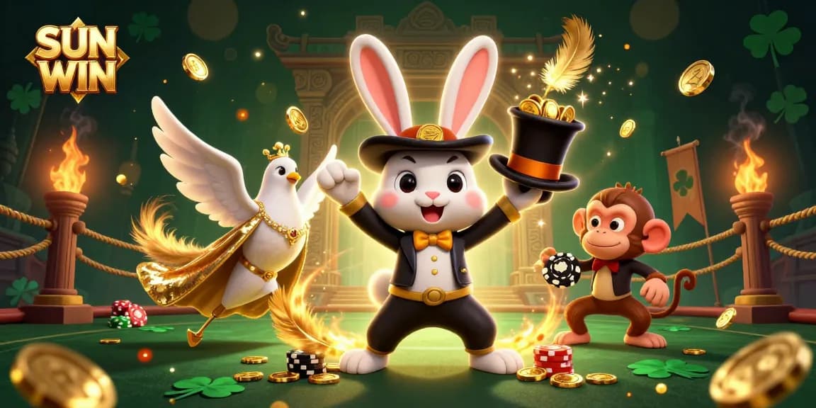 Spin and win with SUN WIN as the whimsical rabbit dazzles with golden coins in this lively casino scene.
