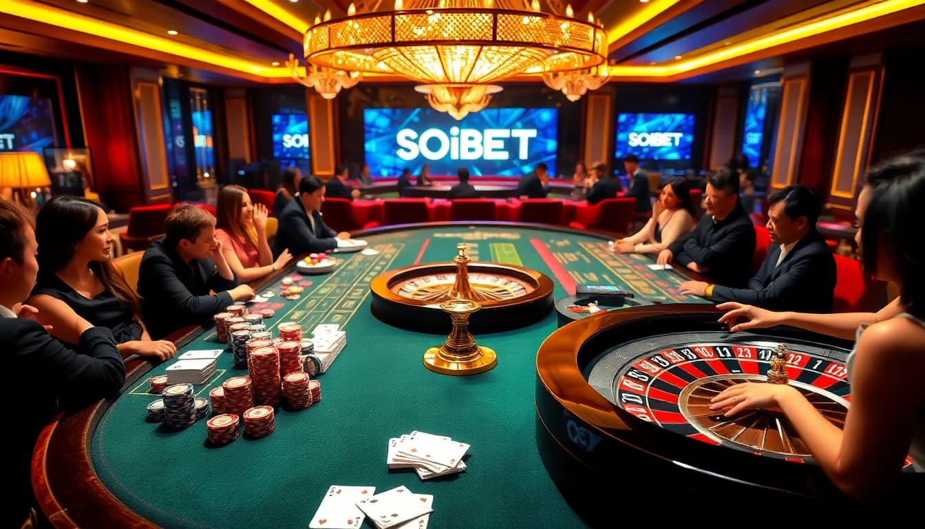 Experience the thrill of SOIBET ออนไลน์ in a luxurious casino setting, featuring vibrant tables and excited players.