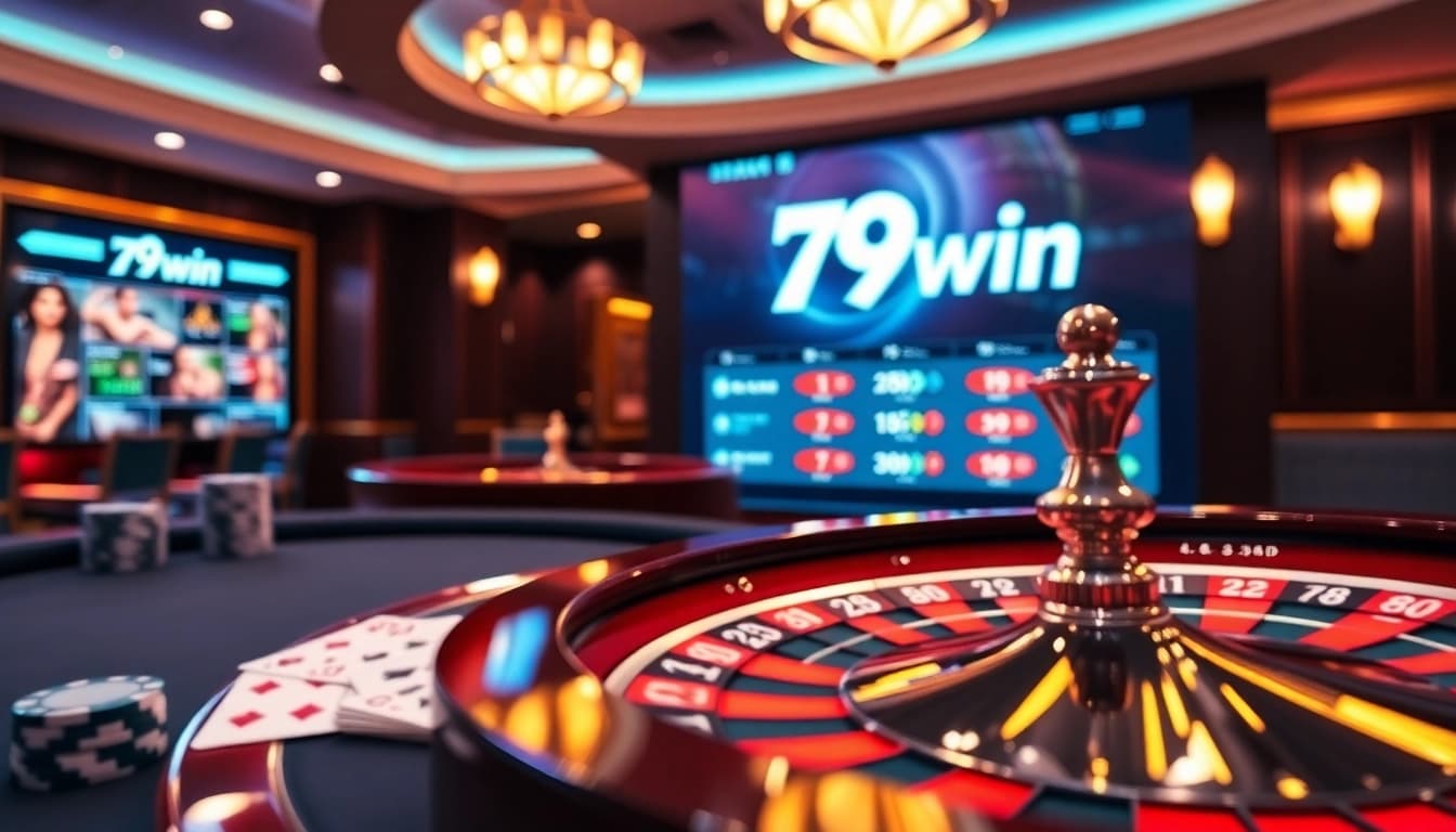 79win casino scene showcasing an exciting blackjack table and roulette wheel.