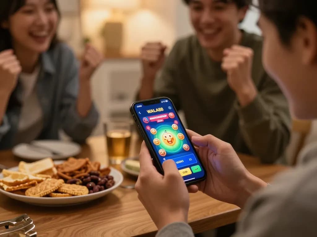 Person enjoying gameplay on the WALA88 app, celebrating wins in a cozy home environment