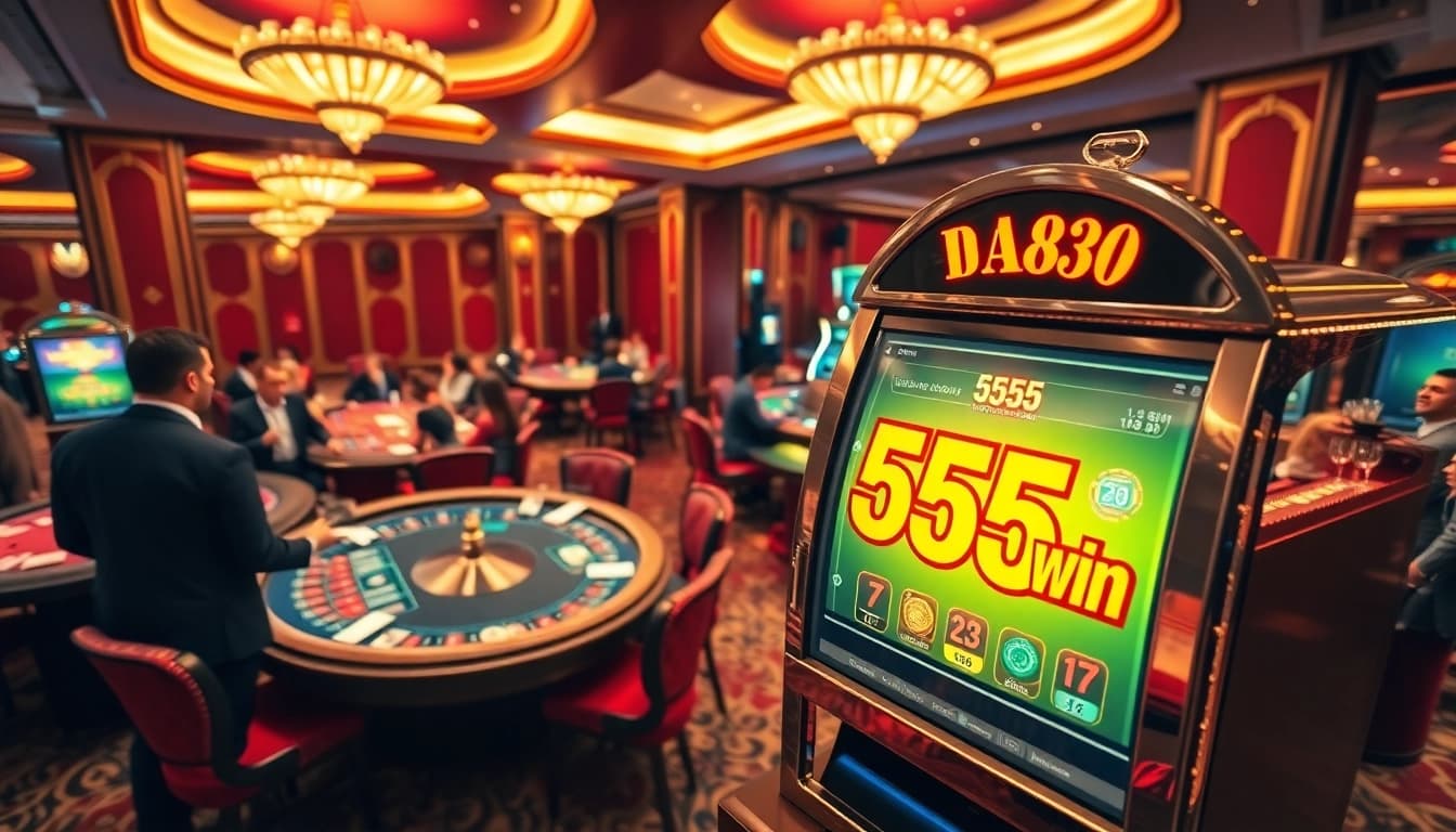 Players enjoying gambling at a 555win-branded slot machine in a luxurious casino.