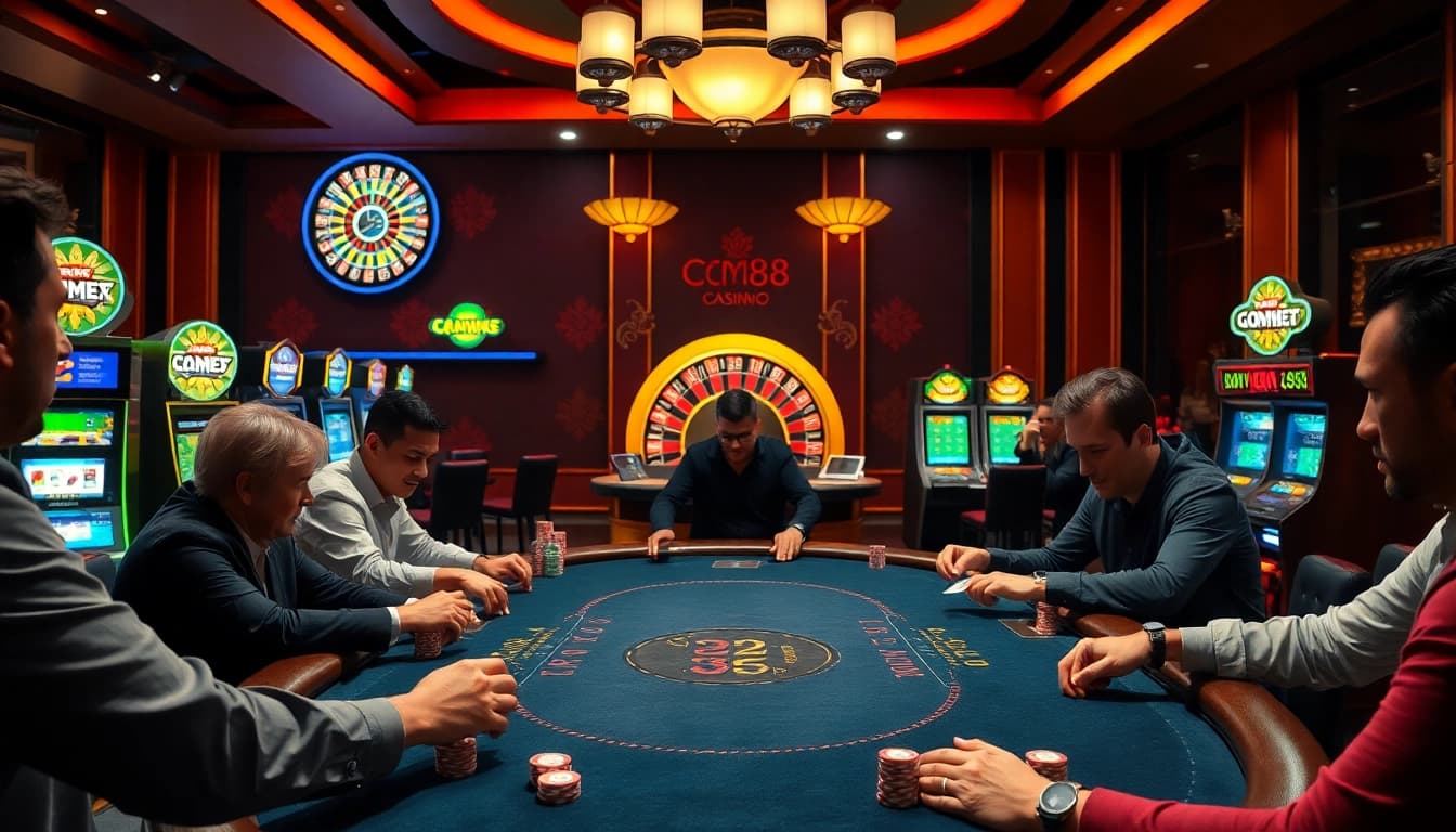 Players strategizing at a high-stakes poker table at https://cm88.autos/ with vibrant slots in the background.