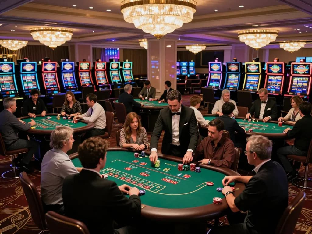 Engaged players in intense poker gameplay at nhà cái 789bet, dramatic casino lights creating a thrilling atmosphere.