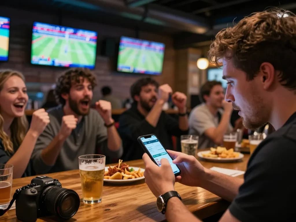 Engaged bettor reviewing ty le ca cuoc on smartphone at vibrant sports bar with live games.