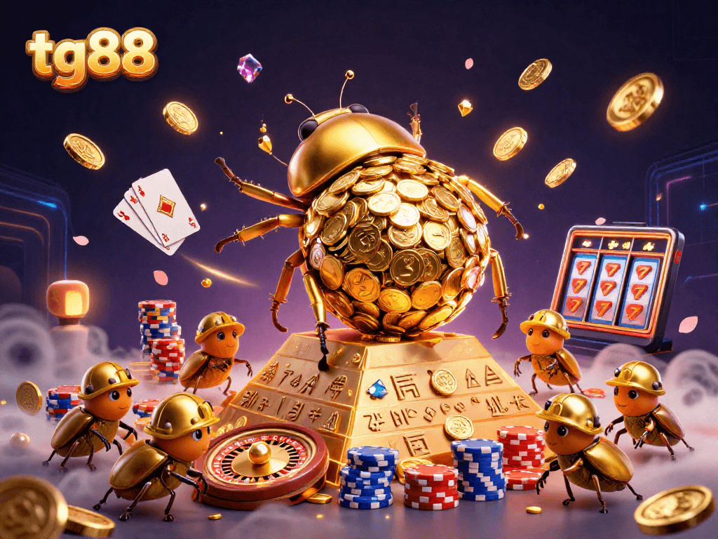 Watch the tg88 golden beetles roll in casino-themed excitement with vibrant game elements flying around.