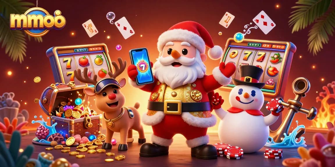 Spin for fun with mmoo's vibrant 3D casino scene featuring slots, Santa, and festive friends.