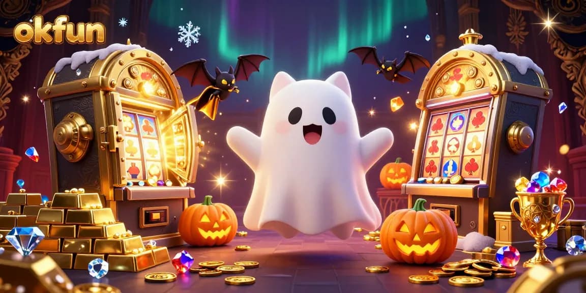 Experience okfun with a spooky ghost cat in a vibrant, haunted casino scene filled with treasures.