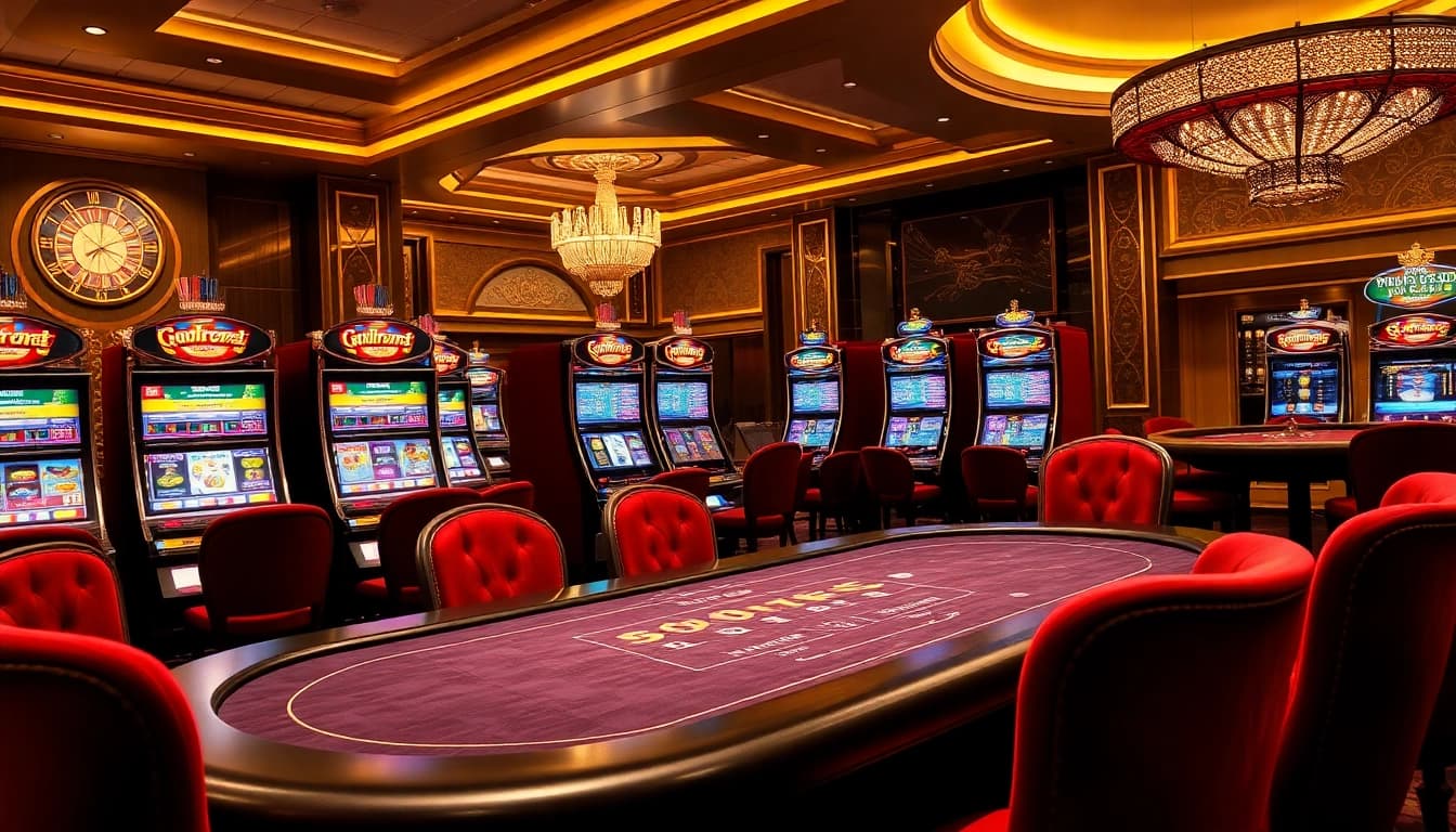 Engaging gambling action at KBBET's elegant casino tables with vibrant slot machines.