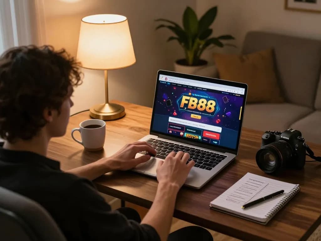 Engaging with fb88 online casino on a laptop, showcasing cozy home gaming atmosphere.