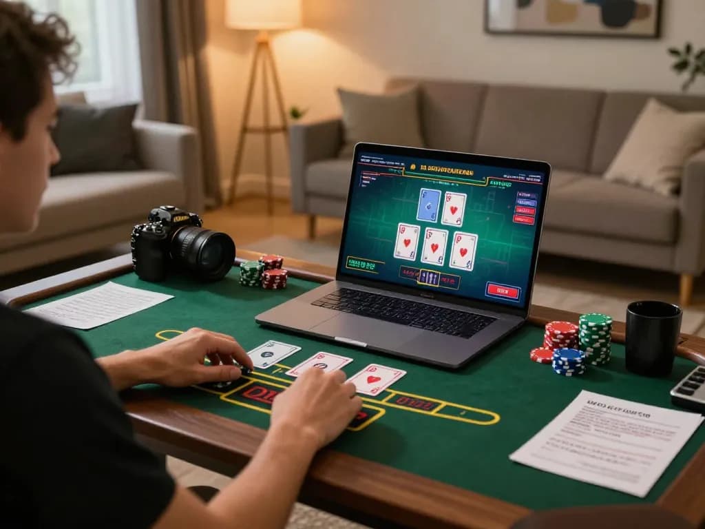 Player enjoying okwin online blackjack in a cozy living room gaming setup.