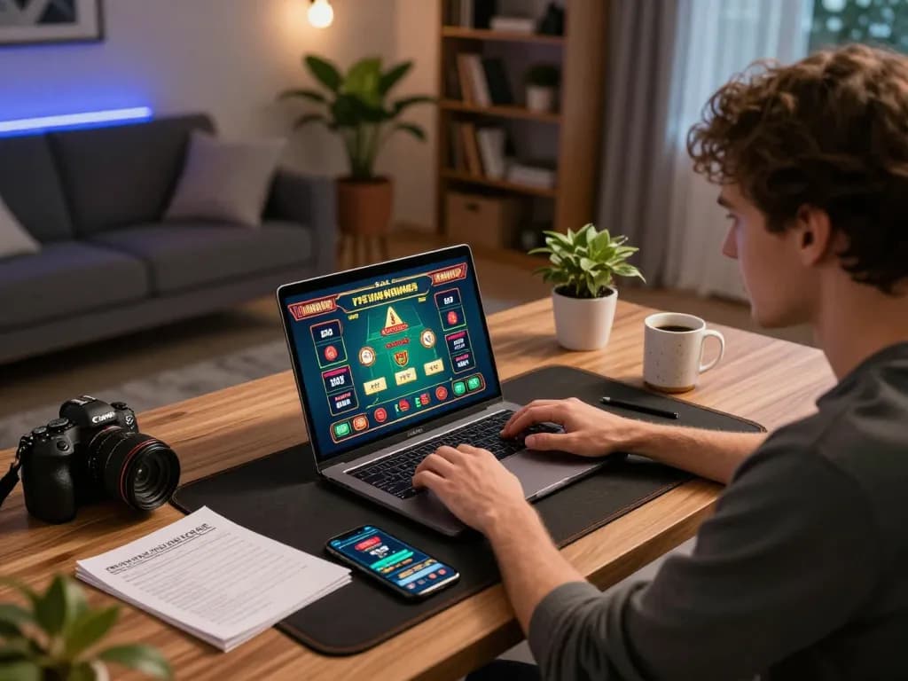 Playing TT88 online casino games on a laptop with strategic betting notes in the cozy atmosphere.