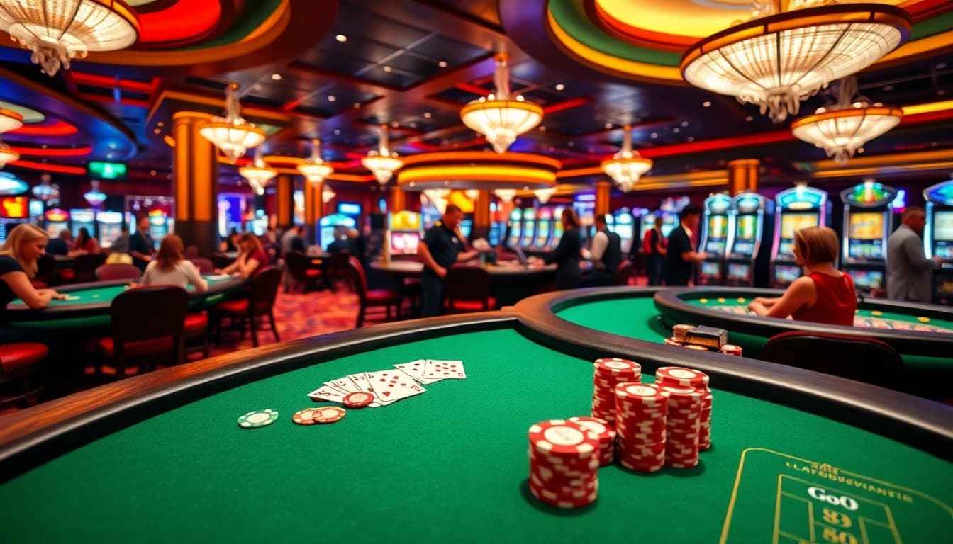 Go8 players enjoying high-stakes poker amidst a luxurious casino atmosphere
