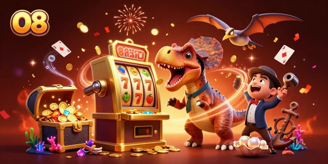 O8 jackpot scene with characters celebrating and slot machine winning golden coins in a dynamic casino atmosphere.