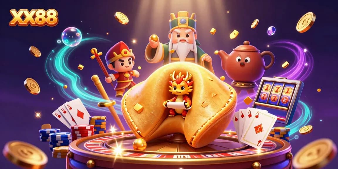 Engaging in exciting gaming at XX88 with animated characters, treasure, and casino elements.