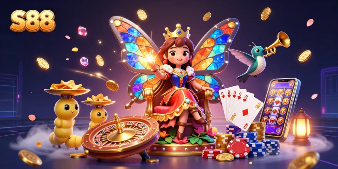 S88 brings excitement with a butterfly queen, golden chips, and dynamic casino elements in a colorful 3D scene.