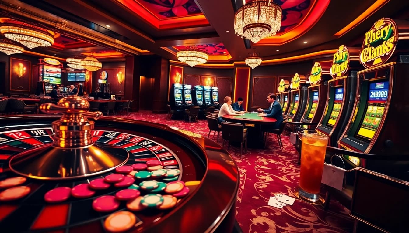 MM88 casino atmosphere featuring an engaging poker game and luxurious slot machines.