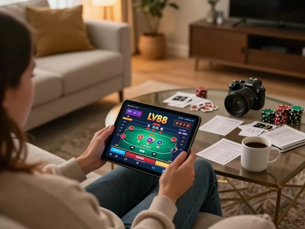 Player enjoying an engaging session on LV88's online casino from a cozy living room setting