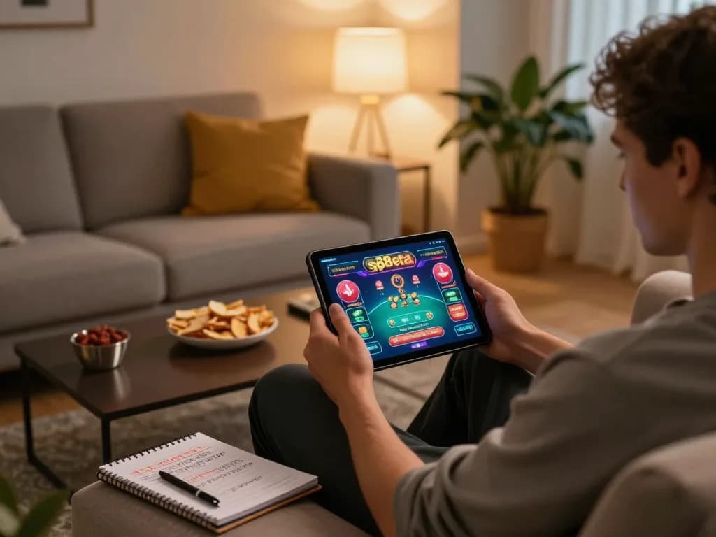 Player using the sp8beta app on a tablet in a cozy living room, emphasizing responsible gambling.
