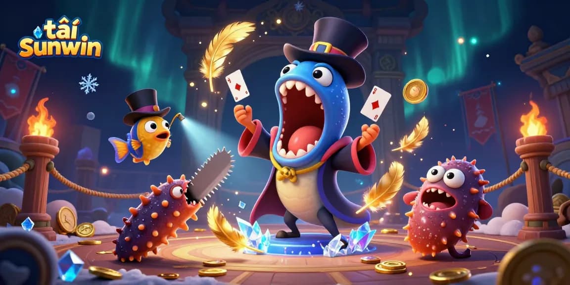 Engage with tải sunwin as a deep-sea creature magician dazzles players with card tricks in an enchanting scene.