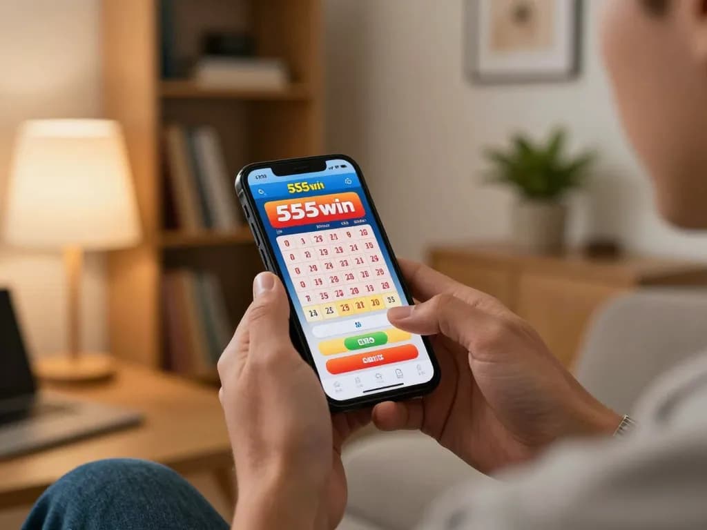 Engaging with the 555win app for online lottery betting in a cozy living room setting