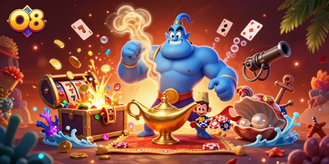 Experience O8's vibrant casino world with a genie, monkey, and flying poker chips.
