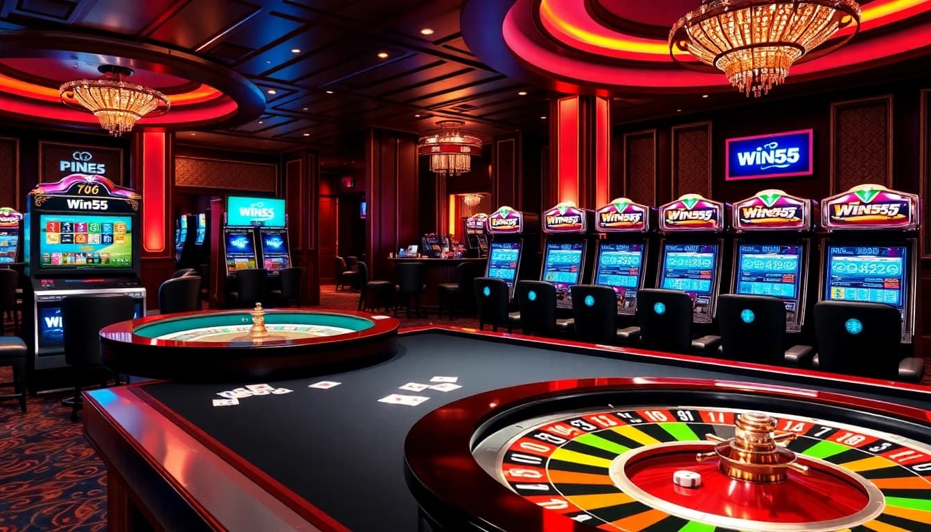 Experience the thrilling excitement of Win55 with vibrant casino tables and captivating slot machines.