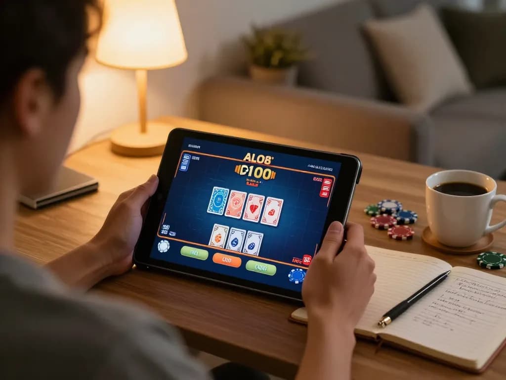 Player engaging with ALO8 online casino on tablet, showcasing live dealer game experience.