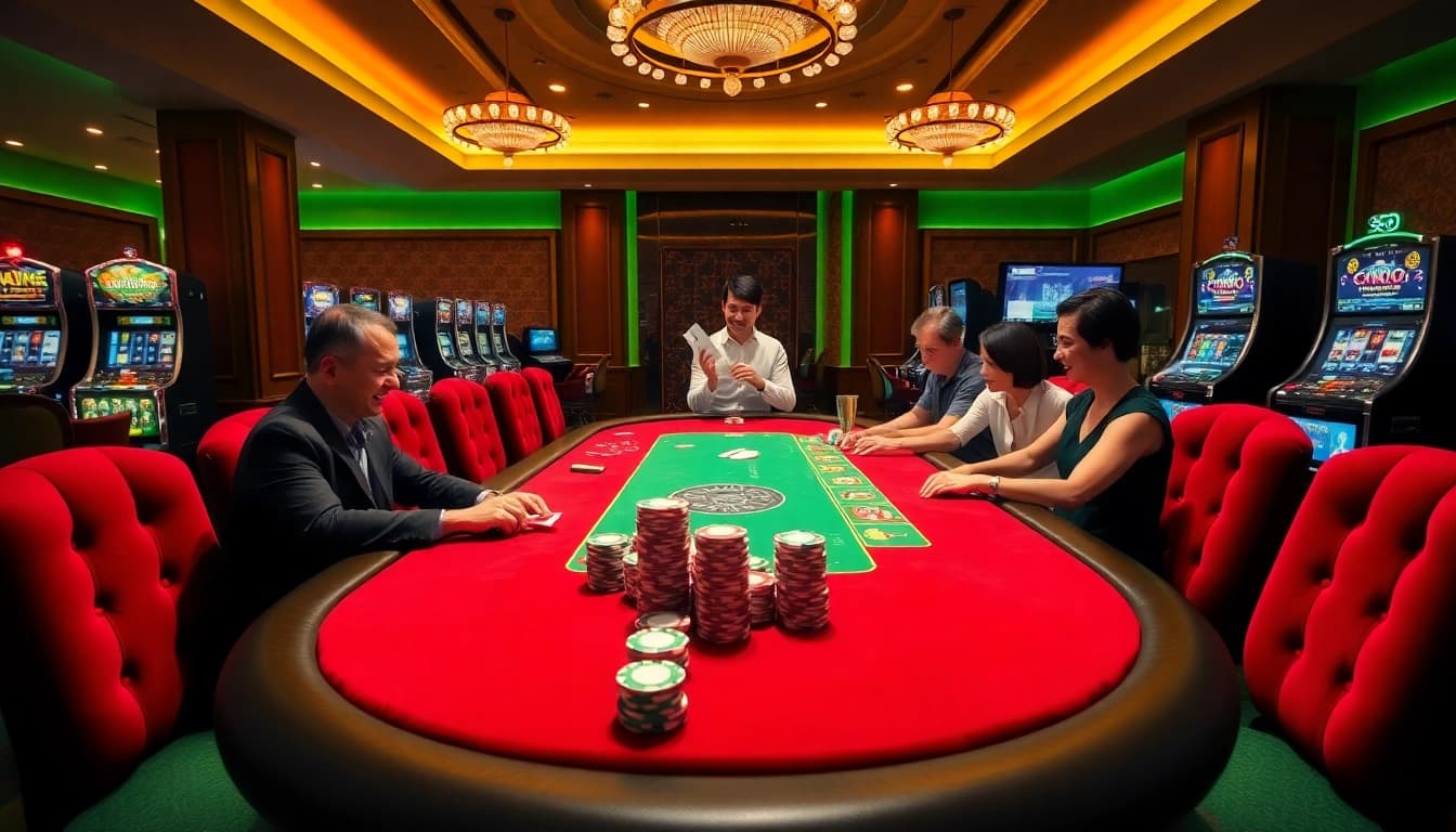 SODO players enjoying vibrant casino games with thrilling excitement at an elegant table.