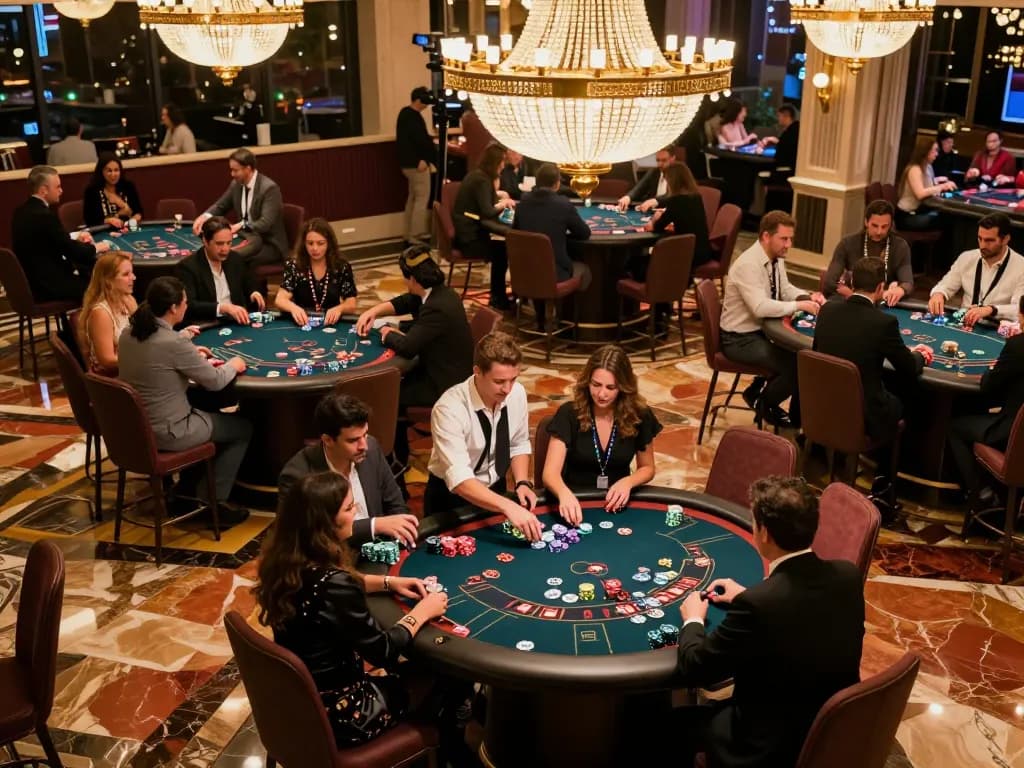 O8 players engaged in thrilling casino action at vibrant poker and blackjack tables
