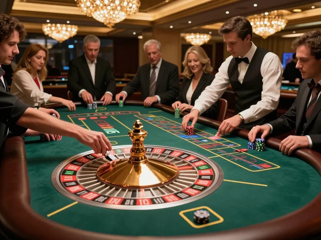 Experience the thrill of betting at the DEBET roulette table with excited players and a spinning wheel.