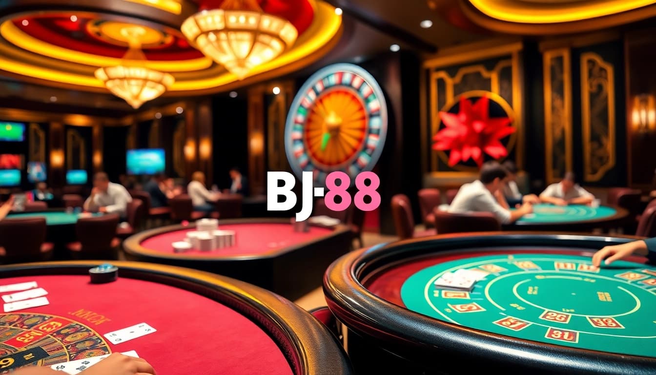 Experience thrilling casino action at BJ88 with vibrant gaming tables and colorful poker chips.