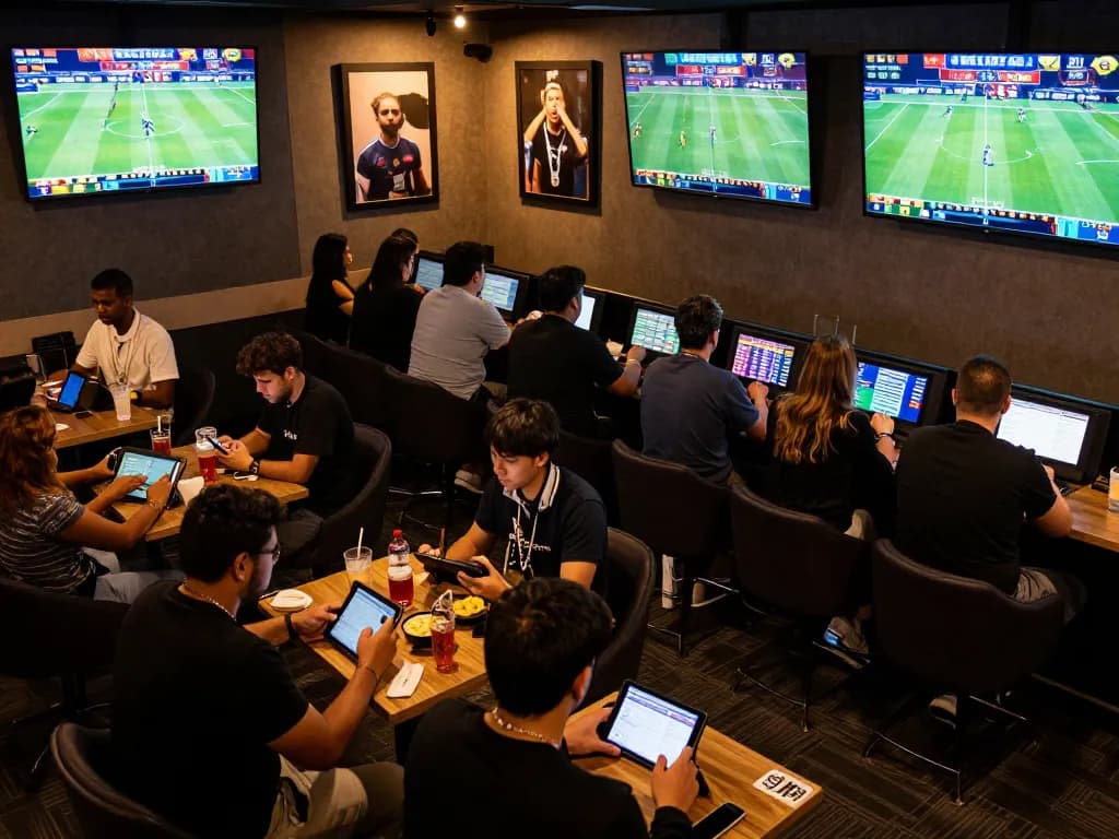 Engaged bettors analyzing odds at Vsbet's sports betting lounge, showcasing dynamic live betting.
